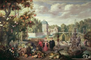 Scène de jardin avec fontaine