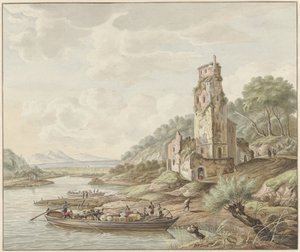 Paysage avec bateau de marchandises près d