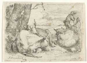 Trois vaches et deux bergers