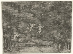 Décor de scène avec des anges dans le ciel nocturne - Jan van Ossenbeeck