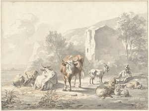 Paysage avec bétail et ruine