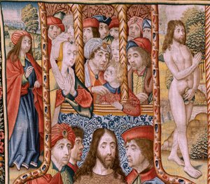 Tapisserie flamande. Série Épisodes de la vie de la Vierge. Les prophéties sont accomplies à la naissance du Christ. Première tapisserie de la série. Modèles attribués à Jan van Roome (ou van B)