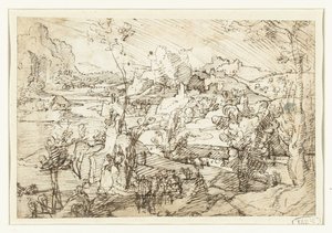 Paysage avec rochers, figures et un voilier - Jan van Scorel (attributed to)