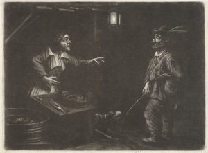 Scène nocturne avec vendeuse de poissons et un homme urinant