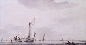 Pêcheurs et voiliers sur un estuaire par temps calme - Jan van de Capelle or Cappelle