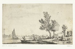 Paysage fluvial avec deux hommes dans une barque - Jan van de Cappelle (attributed to)
