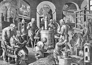 Distillatio.: In igne succus omnium, arte, corporum, Vigens fit unda, limpida et potissima. Gravure du XVIe siècle par Jan van der Straet, sur les différentes étapes de la distillation.