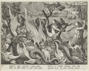 Capture de serpents en Inde utilisant des bâtons et des torches pour éclairer la broussaille, planche 44 de Venationes Ferarum, Avium, Piscium (De la chasse: bêtes sauvages, oiseaux, poissons) pub. 1640