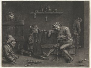 Intérieur avec un homme urinant, un homme vomissant, un nain et un mendiant - Jan van der Bruggen