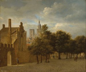 Un paysage urbain avec des personnages qui se promènent, une église au-delà. - Jan van der Heyden