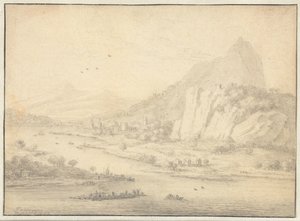 Paysage fluvial montagneux avec bateaux