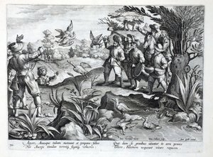 Chasseurs utilisant des faucons pour chasser les oies, illustration de 