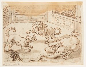 Recto : Alexandre le Grand regardant un combat entre son chien, un éléphant et un lion ; Verso : inscription relative à l