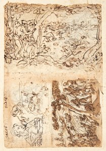 Recto, en haut : Chasse à la grue avec des cônes ; En bas, à gauche : Jacob, demi-figure ; lion avec un bandeau sur la tête ; carte des fortifications ; En bas à droite : Chasse au renard. Verso, en haut à gauche : Chasse à l