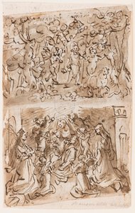 Recto, en haut : Jeune Saint Jean-Baptiste guidé par des Anges dans le Désert; Recto, en bas : Sacra Conversazione avec les Saintes Barbara et Catherine; Verso, en haut : Crucifixion; Verso, en bas : Christ guérissant des paralytiques près de la piscine de