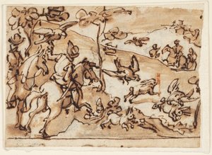 Page de carnet de croquis avec chasse au lièvre et faucons - Jan van der Straet, called Stradanus