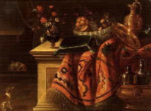 Une nature morte avec un vase de fleurs, des fruits dans un bol, une aiguière et une assiette en vermeil et un coussin - Jan van the Elder (follower of) Kessel