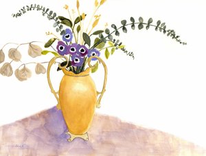 Nature morte aux fleurs violettes et vase anglais, vers 2024 (aquarelle sur papier) - Janel Bragg