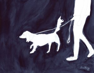 Femme promenant un chien sur Commercial Avenue, vers 2021