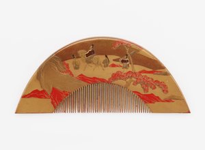 Peigne avec décoration du mont Fuji et des voyageurs