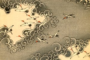 Grues volant dans des nuages gris - Japanese School