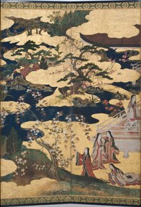 (détail) Printemps au Palais, paravent à six panneaux du Conte de Genji, c.1650