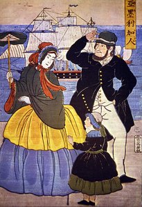 Famille européenne sur le front du port de Yokohama peinte par un artiste japonais en 1861