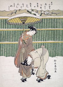 Amoureux japonais marchant dans la neige, publié vers 1768