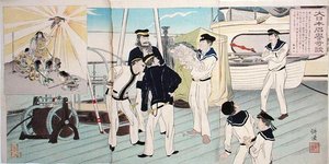 Marins japonais admirant leur mascotte aigle, un épisode de la guerre sino-japonaise, fin du 19e siècle