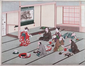 Japonais mangeant, buvant et se divertissant dans une maison de thé - Japanese School