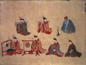 Sept musiciens assis, des performances musicales de Ryukyu, c.1800-50