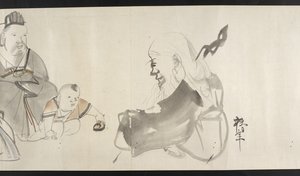 Deux adultes et un enfant, de Yoshida Seisai (rouleau) - Japanese School