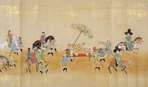 Sixième ambassade coréenne au Japon en Meireki 1 lors de la succession de Tokugawa Ietsuna en 1651, possiblement par Kano Masunobu (1625-94) (peinture sur rouleau) (détail) - Japanese School