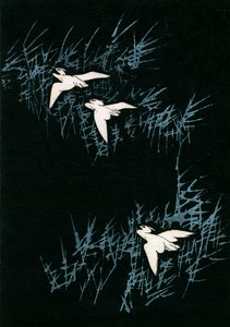 Trois grues dans un paysage noir - Japanese School