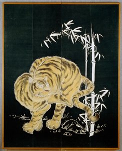 Tigre et bambou, motif sur écran de coton à deux portes (byobu), amidon de riz et trempage à l