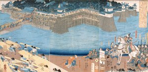 Triptyque montrant un fort en construction par la rivière Kunigos, période Edo 1603-1868 - Japanese School