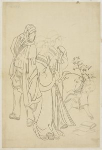 Deux geishas se promenant avec un dandy et un apprenti - Japanese School