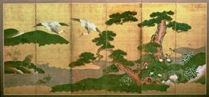 Deux grues plongeant derrière des pins et des rochers, période Edo - Japanese School