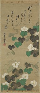 Vignes de Yugao et un poème, rouleau suspendu, XVIIIe-XIXe siècle - Japanese School