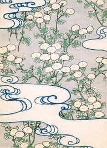 Gravure sur bois en couleur de vignes en fleurs et motif de vagues - Japanese School