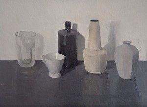 Nature morte avec cinq objets, 2024 (huile sur papier)