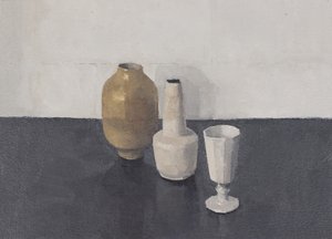 Nature morte avec trois objets, 2024 (huile sur papier)