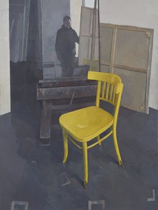 Intérieur de studio avec chaise jaune, 2023 (huile sur toile)