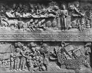 Relief du temple de Borobudur de Bodhisattva se baignant