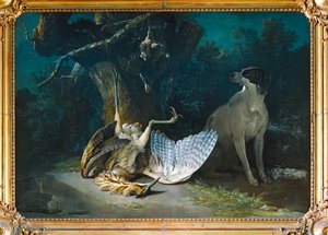 Butor et perdrix gardes par un chien blanc - Bittern and partridge garded by a white dog ...