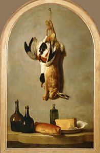 Nature morte avec lièvre mort, canard, bouteilles, pain et fromage ...