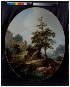 Paysage avec un jeune garçon et une bergère avec des vaches et des moutons - Jean Baptiste Huet