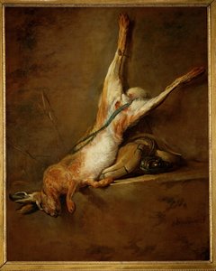 Lievre mort avec poire a poudre et gibecier ...