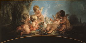 Groupe de cinq Amours jouant avec deux moutons - Jean Francois Clermont