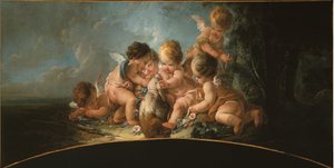 Groupe de six amoureux jouant avec un chien, vers 1761
